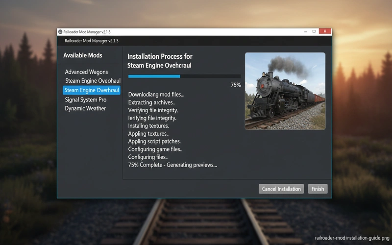 Screenshot of Railroader mod manager interface showing installation process