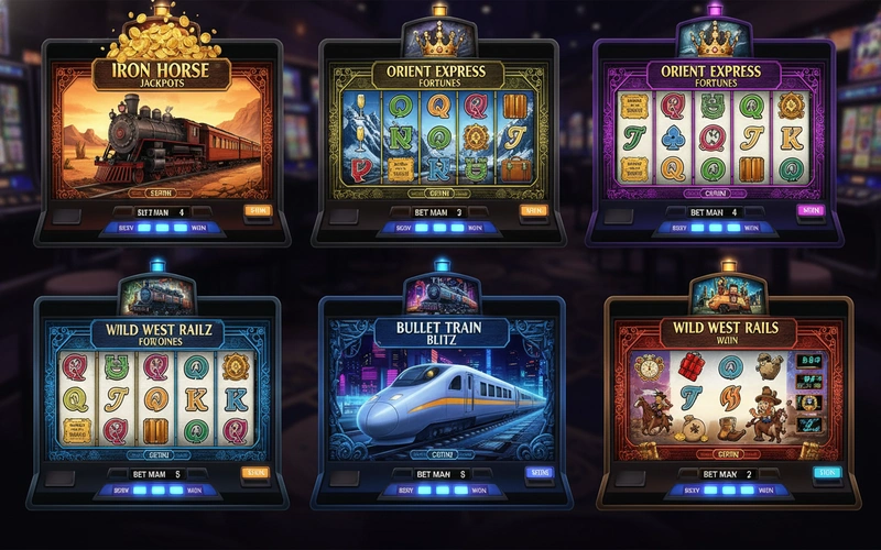 Collection of railway-themed casino slot machine interfaces showing train imagery